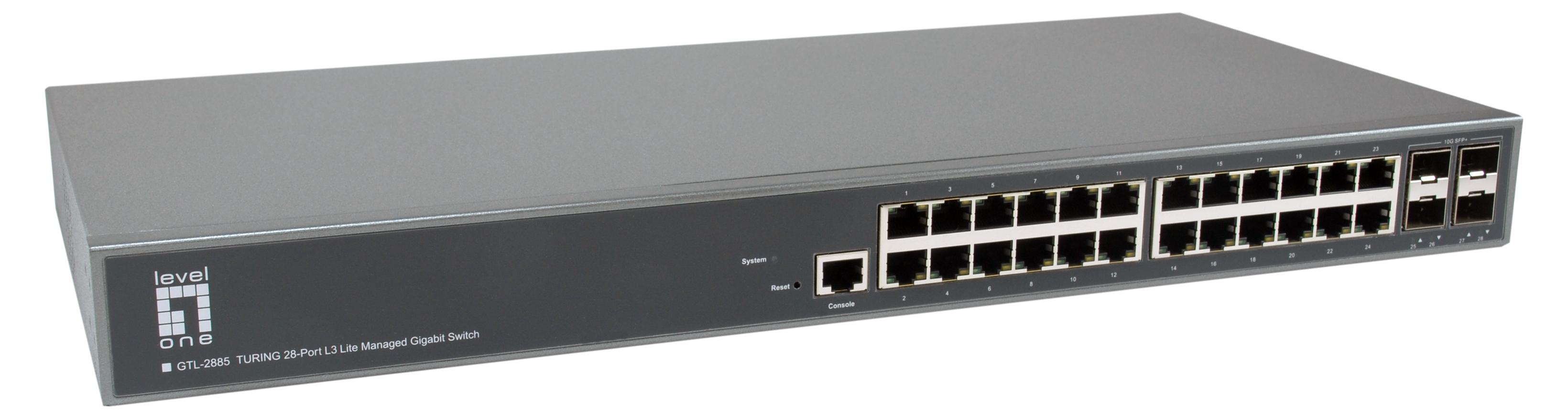 LevelOne TURING 28-Port L3 Lite Managed Gigabit Switch, 24 × 1G RJ45, 4 × 1G/10G SFP+ Uplinks, Managed, L3, Gigabit Ethernet (10/100/1000), Rack-Einbau