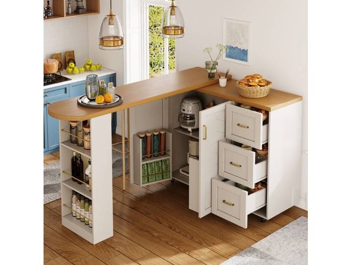 Meuble bar extensible avec 2 portes et 3 tiroirs roulettes plateau aspect bois pour cuisine blanc - UVRION