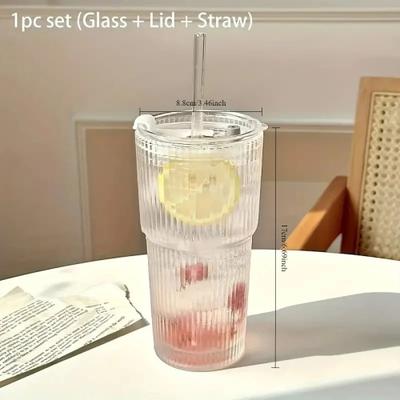 Uplifted Trends Stripe Glass Cup With Lid And Straw Transparent Drinking Glass For Juice Water And Iced Coffee m