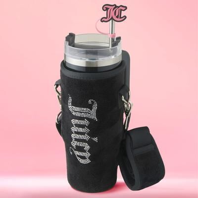 Juicy Couture Jetsetter Hydration Stainless Steel Tumbler with Handle, Straw & Topper with Velour Crossbody Pouch