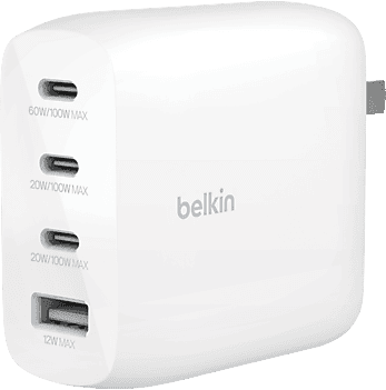 Cargador de pared - Belkin BBC023kqWH-MR, Compatibilidad Universal, 3x USB-C, 1x USB-A, 112 W, Blanco