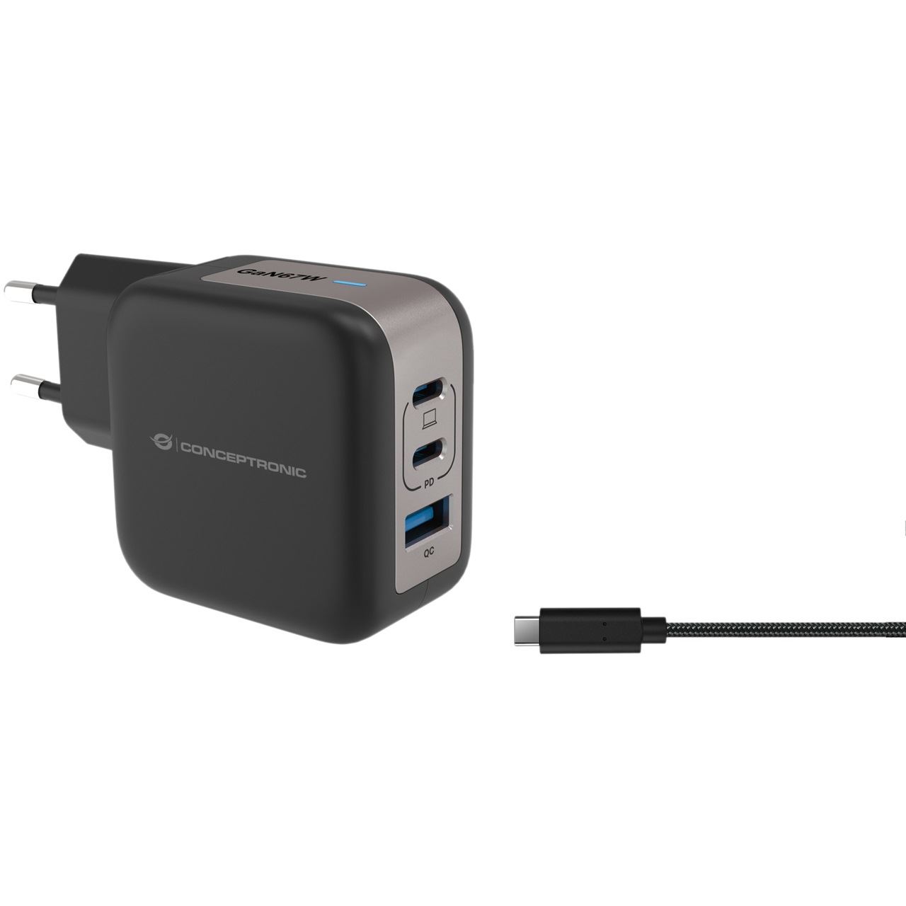 67 Watt Conceptronic Ladegerät 3Port 2xUSB-C,1xUSB-A 1.5m sw