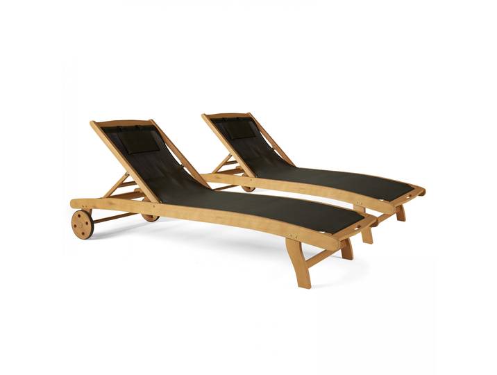 Oviala - Bains de soleil bois inclinables 5 positions avec roues - Lot de 2