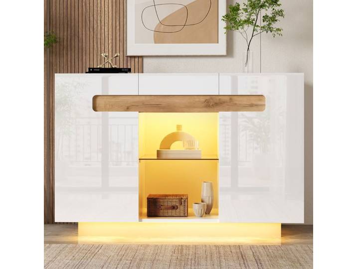 Buffet avec éclairage LED deux portes et deux étagères ouvertes portes brillantes meuble de rangement pour salon 120 × 40 × 80cm