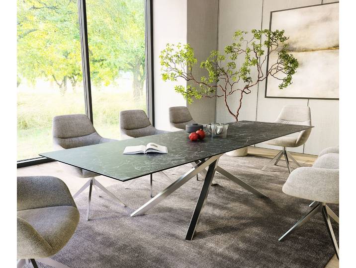 Esstisch Edge 300x100cm Keramik Laminam®Nero Greco Anthrazit Kreuzgestell Rechteck Edelstahl, Esstische