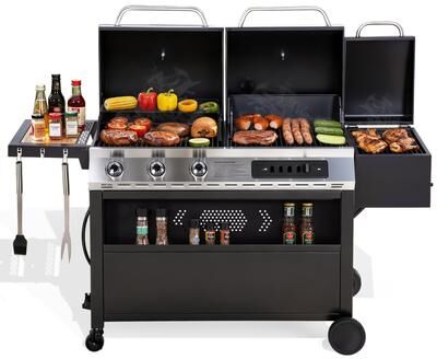 MAISON ARTS 3-Burner Gas & Charcoal Grill Combo with Smoker, Dual Fuel BBQ Grill with Porcelain Grates, 840 Sq. In. Cooking Area