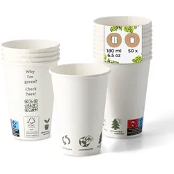 BIOZOYG 50 Stück Kaffeebecher 180ml / 7,5oz Einwegbecher Pappbecher weiß mit Bedruckung, kompostierbar nachhaltig Partybecher Trinkbecher Biobecher