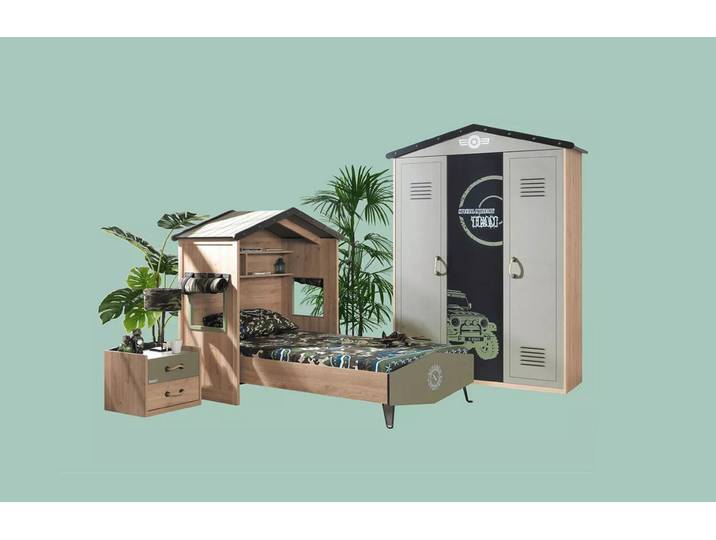 Möbel-Zeit Jugendzimmer-Set Kinderzimmer Set Camp – Das Abenteuer beginnt im Kinderzimmer, (1 x Kinderbett, 1 x Kleiderschrank, 1 x Nachtkommode)