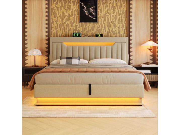 Lit coffre ULEVR avec LED et rangement tête de lit sans Matelas Beige 180x200 cm