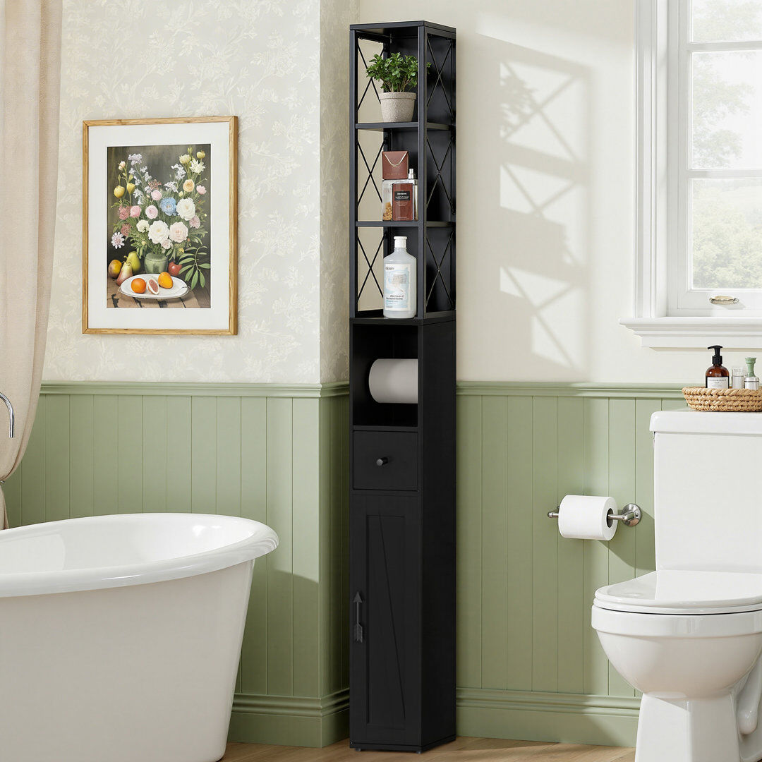 17 Stories Talion Tall Bathroom Storage Cabinet, Slim Storage Cabinet With Toilet Paper Scroll, Narrow Cabinet With Adjustable Shelves And Door Black 170cm H X 20cm W X 20cm D