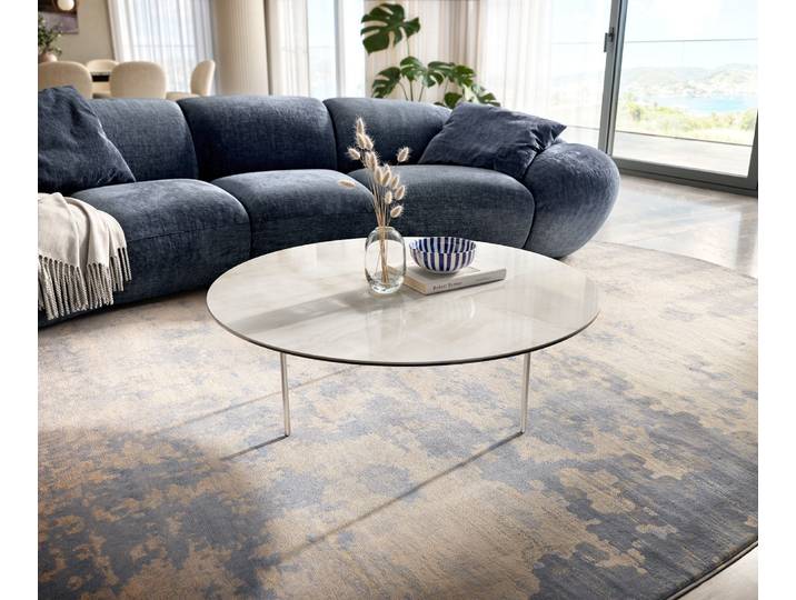 DELIFE Couchtisch Edge Rund 100x100 cm Keramik Onyx Champagne Trive Edelstahl gebürstet, Couchtische