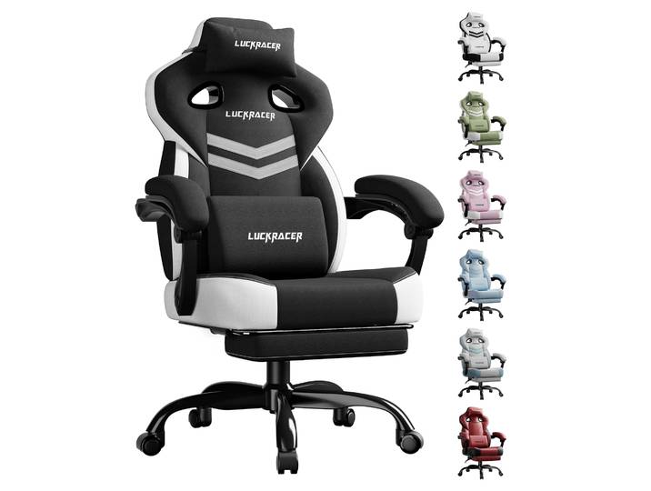 LUCKRACER Chaise de jeu, chaise de bureau avec accoudoirs connectés, coussin en mousse à mémoire de forme, 90-155 ° Angle incliné et repose-pieds