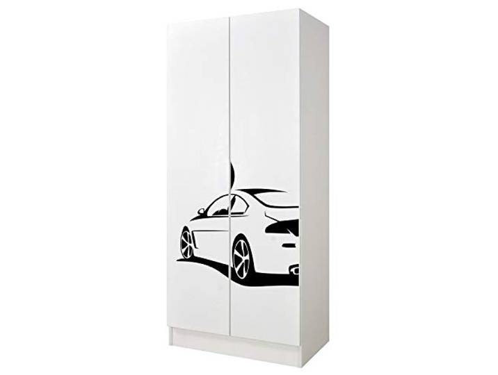 Leomark Roma Kleiderschrank 2-türig aus Holzwerkstoff, UV-Druck Auto, Weiß Maße 70x42,5x161,5 cm, 3 Fächer, Hängebereich für Kleidung, verstellbare Scharniere, abriebfester UV-Druck, sicherer Griff