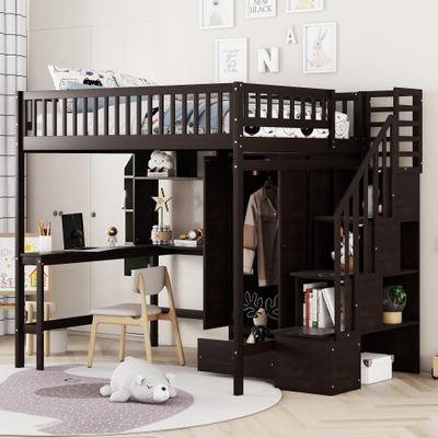 VIVIADORE Black Full Solid Wood Loft Bed with Bookshelf
