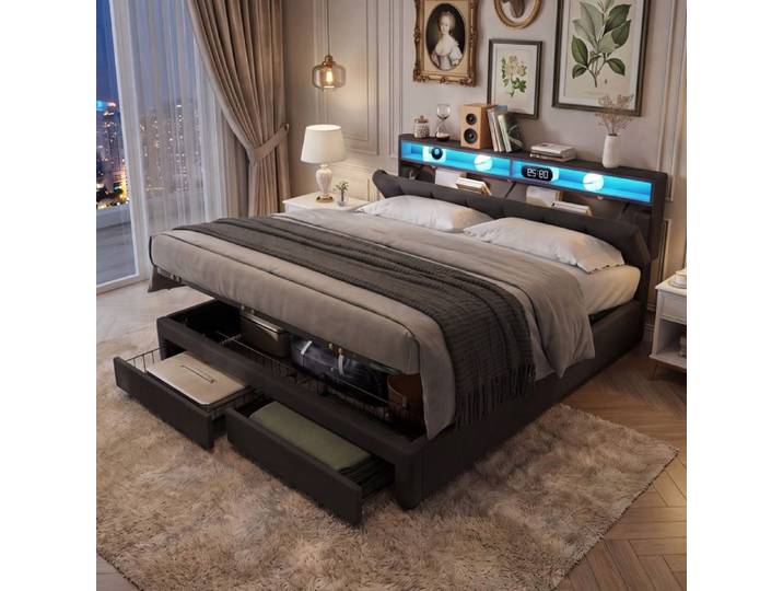 Lit Double Rembourré 160x200 Lit Coffre 160x200 Coffre avec Sommier Lit Capitonné Lit 2 Personnes Gris Lin