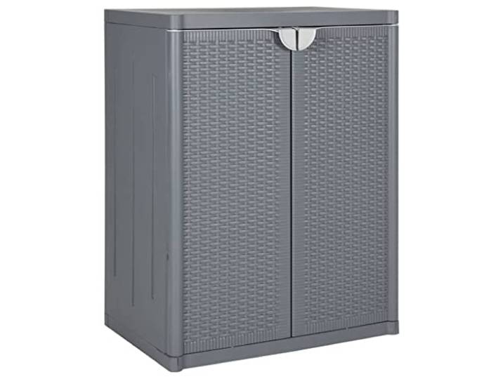 HKTMGDNG Gartenschrank Grau 65x45x88 cm Beistellschrank PP Rattan-Optik Kompakter Kunststoffschrank in Rattan-Design mit 2 Einlegeböden und Griffen für Balkon, Terrasse und Abstellraum.