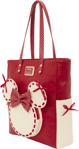 Loungefly Minnie Mouse Rock the Dots Coquette Tote Bag - Red Polyurethane with Satin Trim, Official Disney Licensed