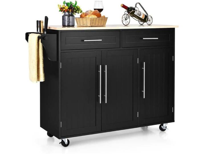 RELAX4LIFE Desserte Cuisine Buffet à Roulettes 3 Portes & 2 Tiroirs & 6 Compartiments Porte-Serviettes et Porte-Outils Noir