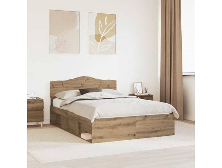 Modernes Kunsthandwerk Eiche Schlafzimmer Bettgestell 150 x 200 cm Braun Bettrahmen mit Kopfteil Kunsthandwerk Eiche 150x200 cm Massivholz Lattenrost Stabil Modern Bettgestell Schlafzimmer