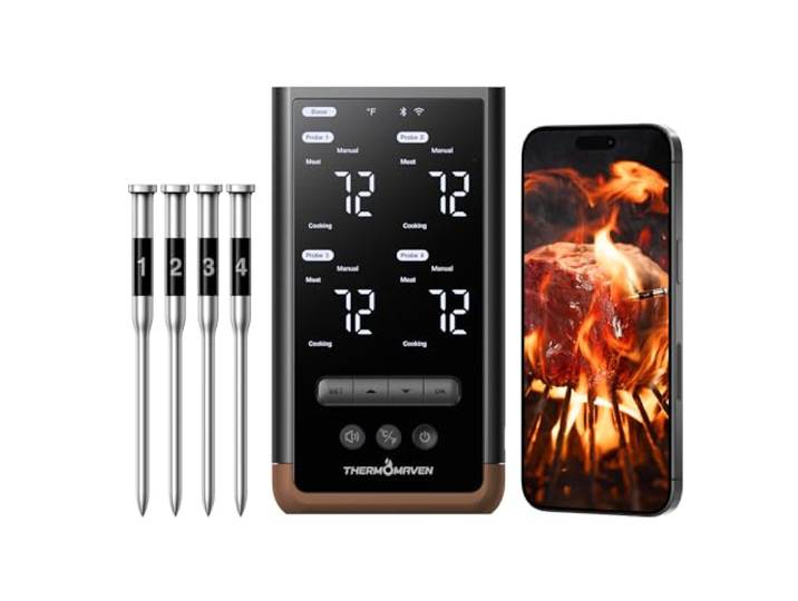 ThermoMaven Smartes Fleischthermometer Kabellose mit Basisstation, Bluetooth & WLAN, 4 Fühler, 6 Sensoren, NIST-zertifiziert, große, stabile WLAN-Reichweite, für Smoker, Backofen & BBQ, Braun