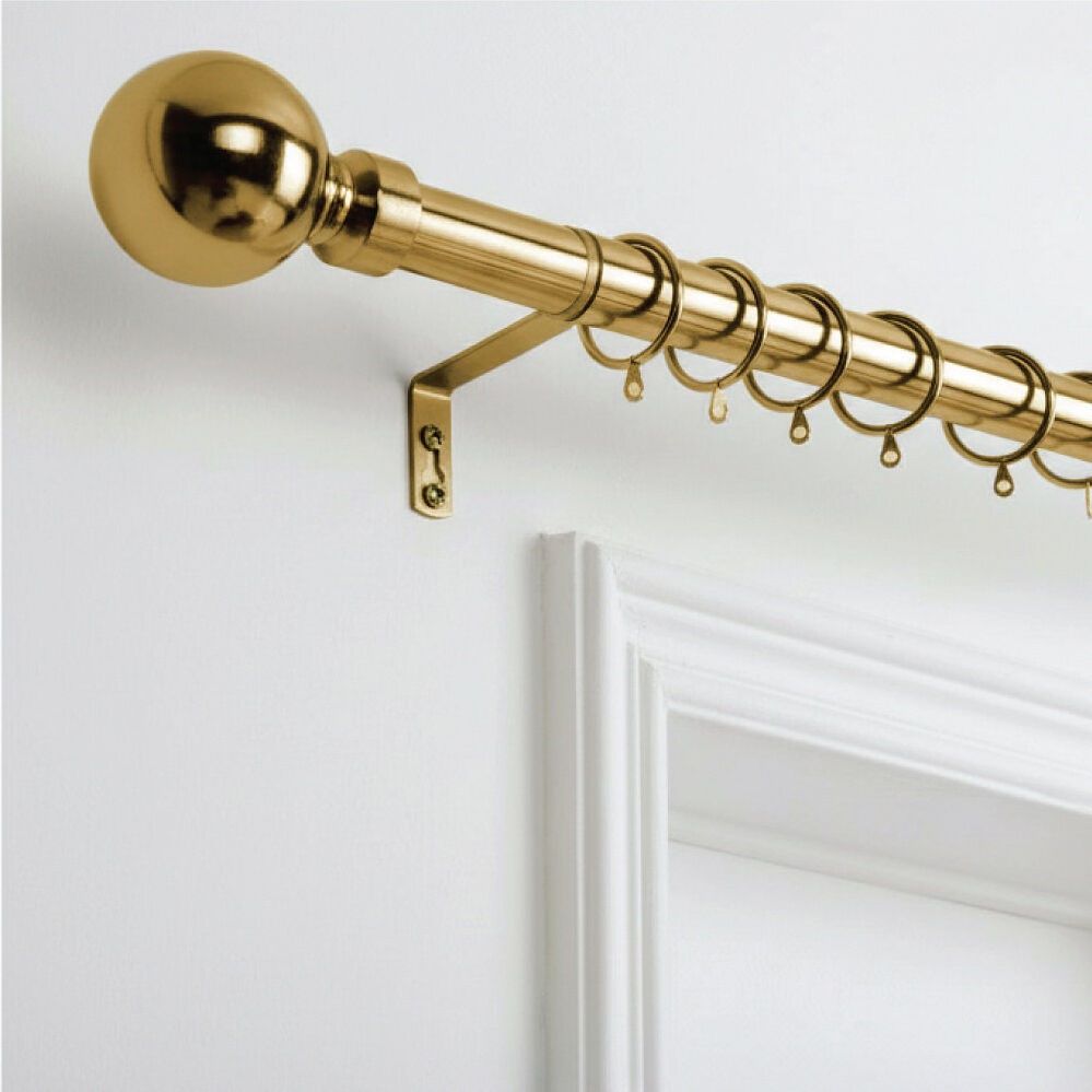Symple Stuff Extendable Metal Curtain Pole, Adjustable Curtain Rod with Brass Finials & Rings Antique Brass 310cm - 400cm