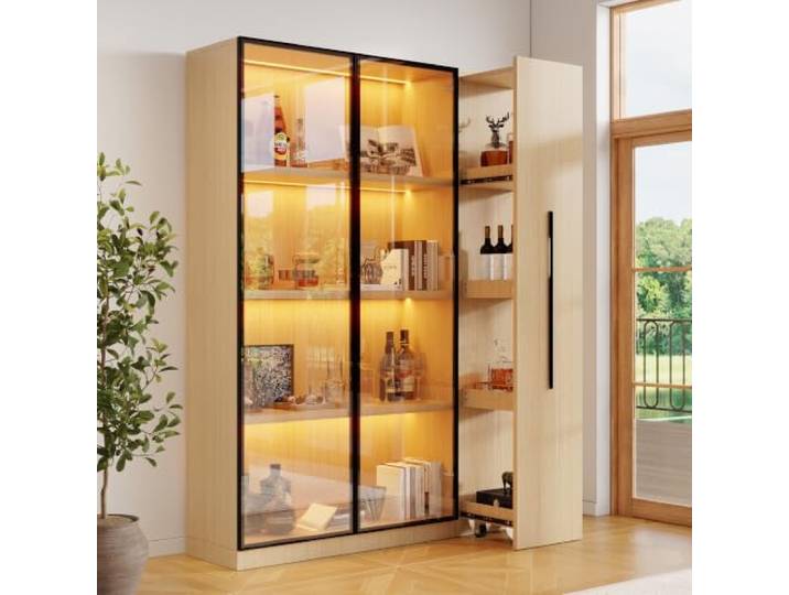 Merax Multifunktionsschrank 110,5x35x160 cm mit Vitrine, LED, Seitenauszug und Rollen, für Bücher, Deko und Alltag, Holzfarbe