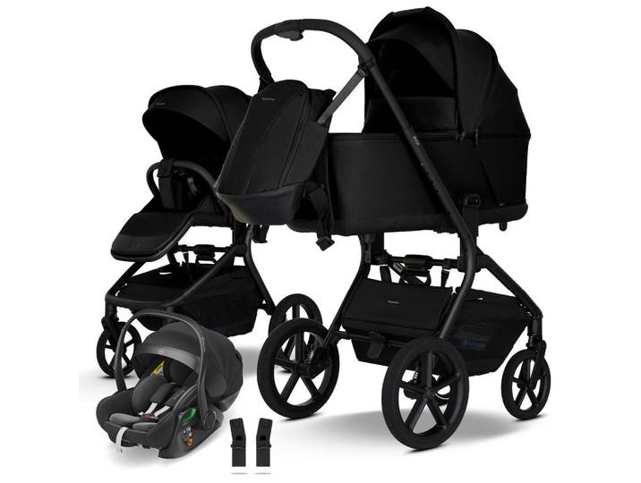 My Junior Kinderwagenset Mavi 3in1 Premium, Schwarz, Metall, 5-teilig, 55x110.5x92 cm, EN 1888, 5-Punkte-Gurt, für Babyschale geeignet, Transportsicherung,integriertes Gurtsystem, optimaler Aufprallschutz, schnell und leicht im Auto montierbar, Seitenaufprallschutz, verstellbare Sitz- und Schlafpositionen,5-Punkt-Gurt, Gurtschoner, Sitz umsetzbar, Sportsitz mit verlängertem Verdeck,Matratze, zusammenklappbar, Baby on Tour, Kinderwagen, Kombikinderwagen