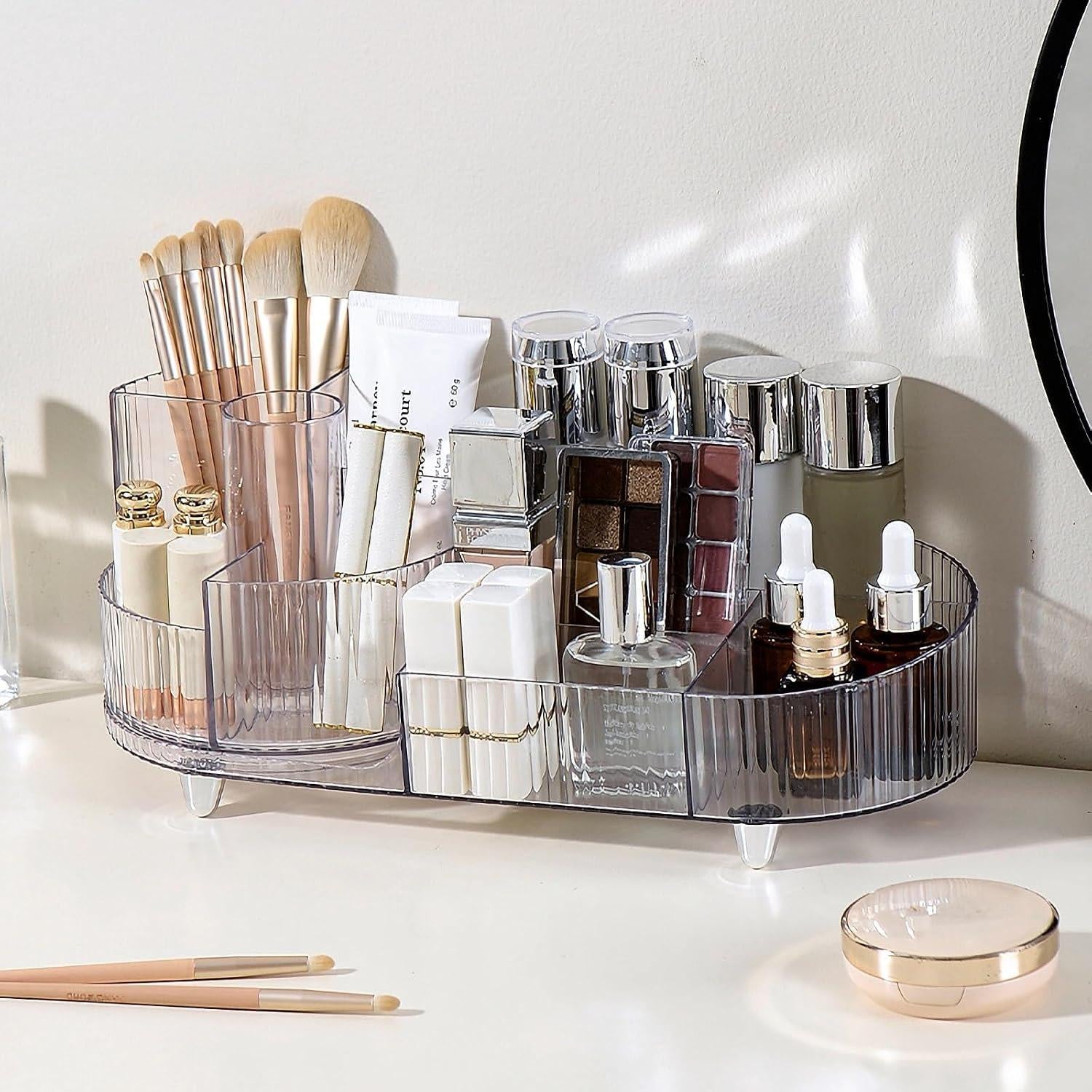 360 graden draaibare 2-in-1 make-up organizer in kristalhelder design voor badkamer en make-uptafel
