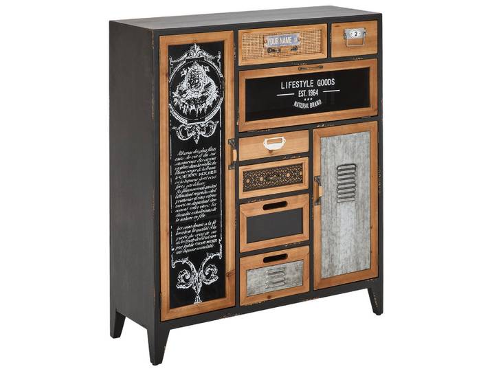 Landscape Kommode, Mehrfarbig, Grau, Natur, Schwarz, Holz, Metall, Glas, Keramik, Rattan, Tanne, massiv, 3 Fächer, 6 Schublade(n) Schubladen, 90x106x32 cm, Fsc, stehend, Holzmöbel, Kleinmöbel Holz, Holzkommoden