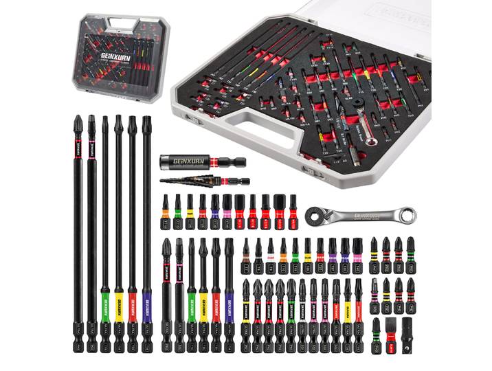 Geinxurn 58 pièces ensemble d'outils emballés avec des embouts de tournevis à percussion, Mini Wrech, perceuse étagée, adaptateur de douille et porte-embout pour le bricolage
