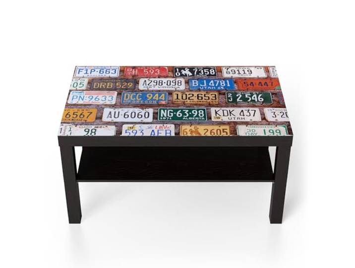 DEQORI Glastisch schwarz groß 90x50 cm Motiv Kennzeichen-Mosaik ausgefallener Beistelltisch aus Glas Hochglanz Couchtisch fürs Wohnzimmer moderner Couch Tisch mit Design