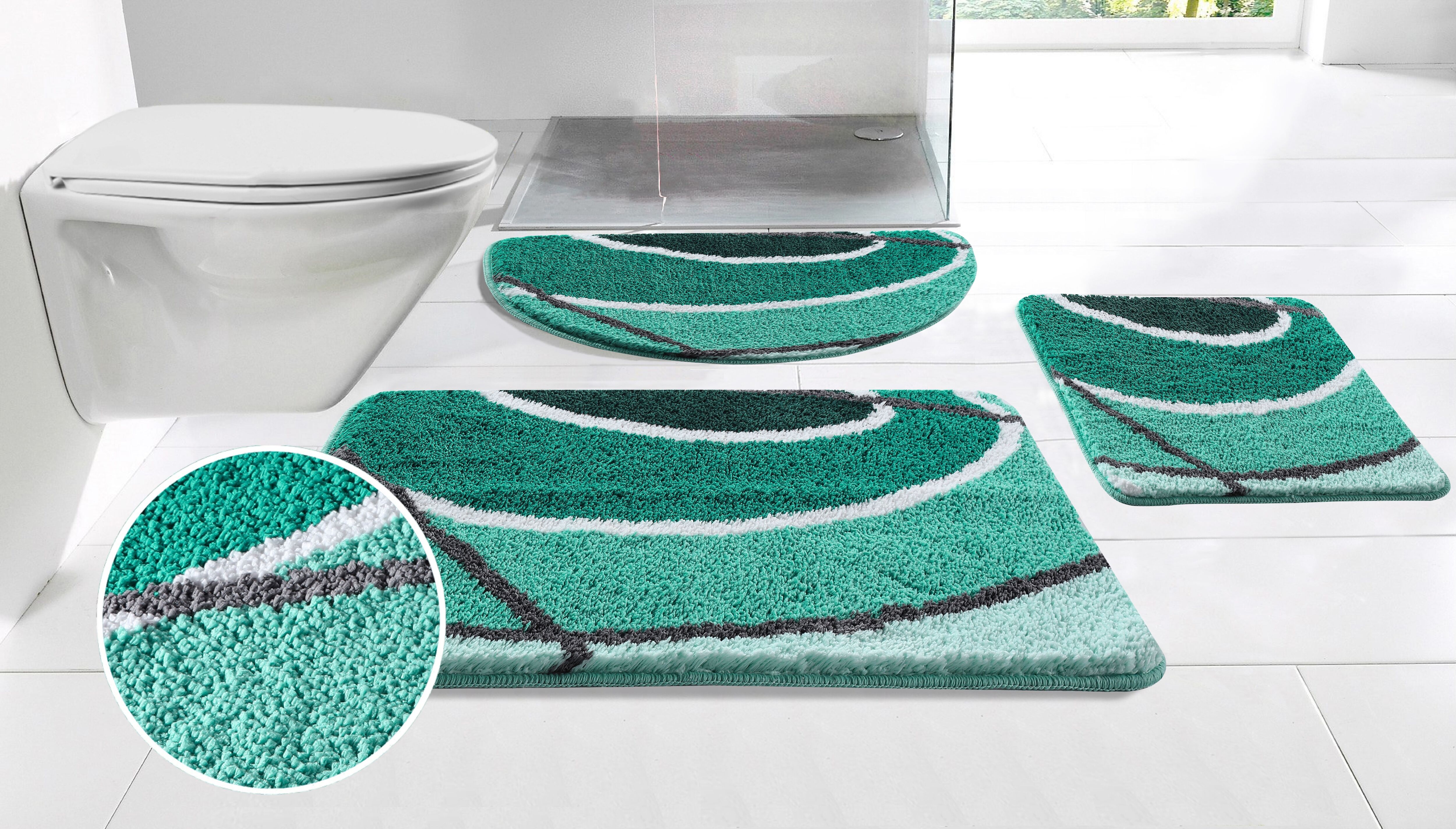 Badematte GOODPRODUCT "Juna mit Muster, Badvorleger, Badezimmer Teppich, Duschvorleger" Gr. 5, blau (petrol), H:20mm, Polyester, Badematten, Badematte, besonders weich, Design, Badematten, Badteppich petrol rechteckig (80cm x 150cm )