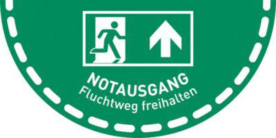 moedel Fußbodenaufkleber „Notausgang – Fluchtweg freihalten“, nach ISO 7010 E002, PVC-Folie, rutschhemmend, Halbkreis B 900 x H 450 mm