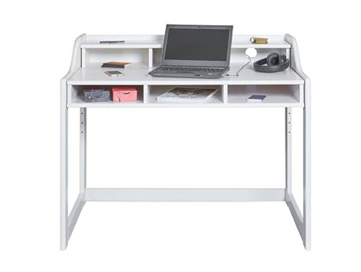 Inter Link - Kinderschreibtisch - Höhenverstellbar - Mitwachsend - Ergonomischer - Jugendzimmer - 6 Fächer - Viel Stauraum - Weiß - Kiefer Massivholz - Kids Learning