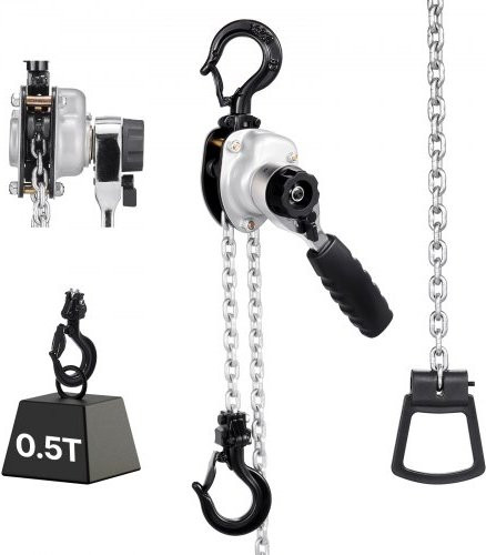 VEVOR Mini Hefboomtakel, 0,5T Capaciteit, Handkettingtakel met 1,5 m Hefvermogen, Zilver Kleur, G80 Stalen Legering Ketting met Mechanische Dubbele Palrem en 360° Draaibare Haken