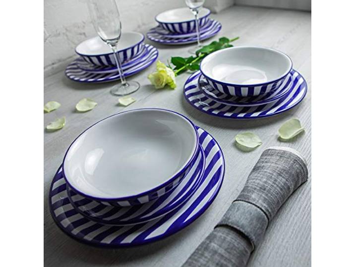 City to Cottage® - Teller Set 12-teilig Blau-Weiß gestreift Handgemacht Keramik Geschirr Set Essgeschirr Service 4 Personen