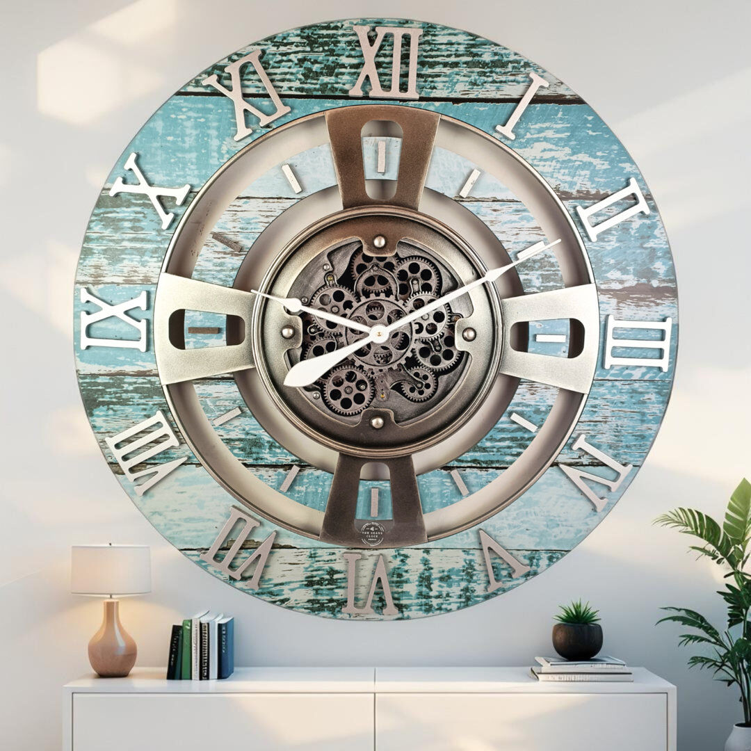 The Gears Clock Solid Wood Wall Clock Aqua Green Oversize 91.4cm