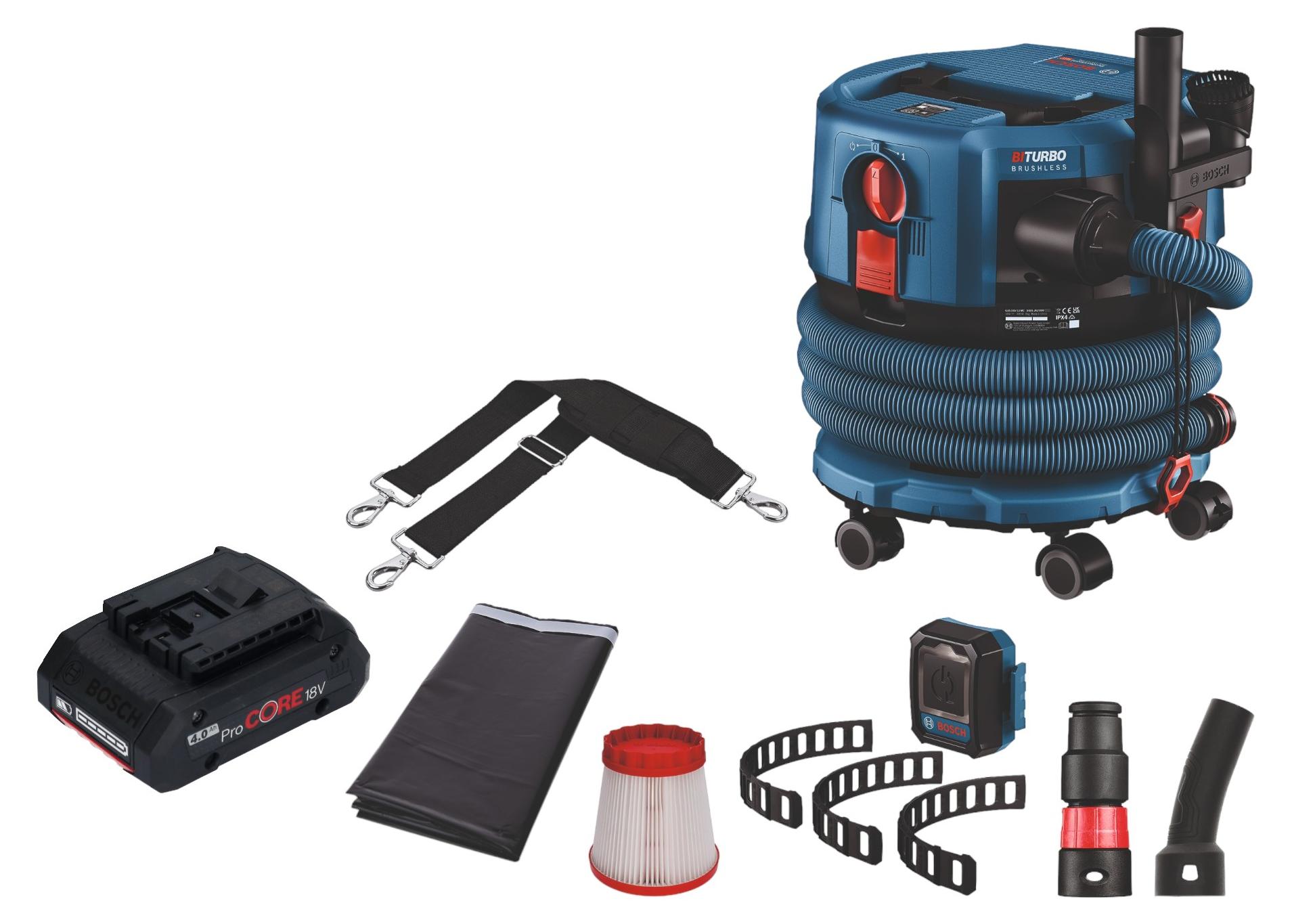 Bosch GAS 18V-12 MC Professional Akku Staubsauger BITURBO Brushless + 1x ProCore Akku 4,0 Ah + Zubehör - ohne Ladegerät