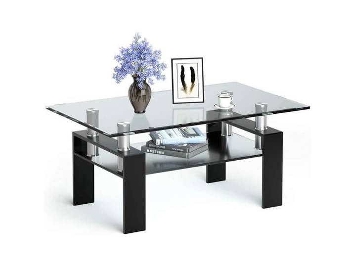 GOPLUS Table Basse Rectangulaire en Verre Trempé à 2 Niveaux Style Moderne Meuble de Salon en Verre