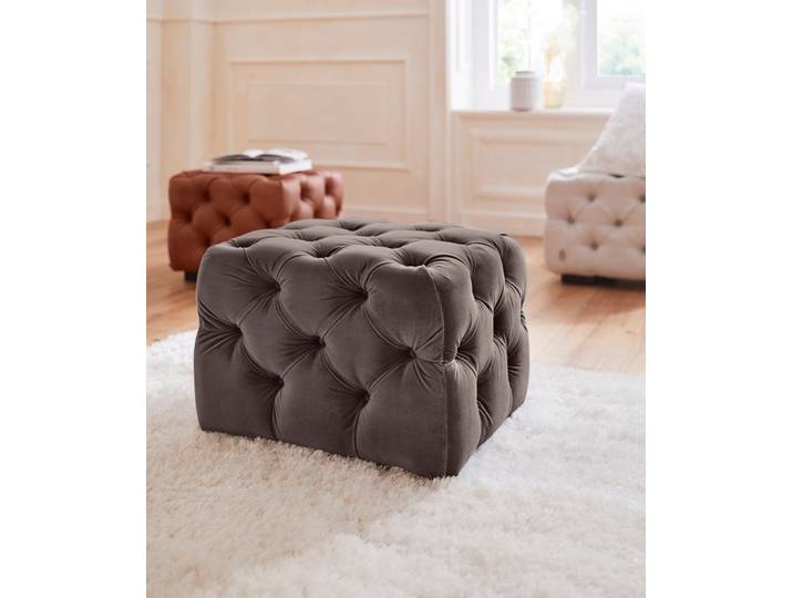 Polsterhocker HOME AFFAIRE Kalina , grau, B:65cm H:42cm T:55cm, Struktur (100% Polyester);Samtoptik (100% Polyester);NaturlEDER (100% Leder), Hocker, Polsterhocker, mit klassischer Chesterfield-Knopfheftung, passend zur Serie Kalina