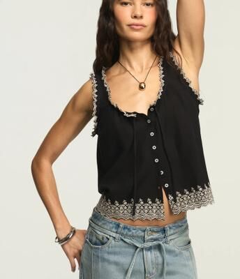 Lucky Brand Embroidered Swing Tank - Women's Clothing Tops Tank Top in Caviar, Size L
