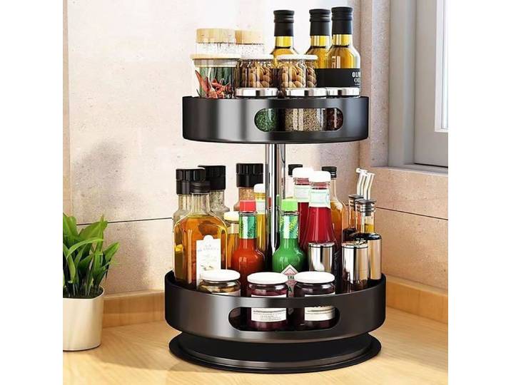 Rotating Spice Rack Carbon Steel Adjustable Height Jars Cosmetics Cleaning Products Shelf
