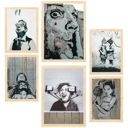 POSTER Set Mit 6 Schablonen Graffiti Straßenkunst A3 & A4 Rahmen Aus Hellem Holz