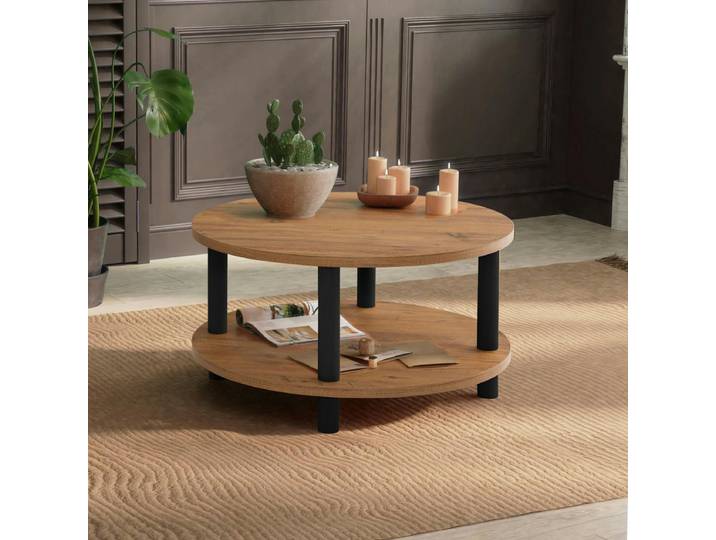 Table basse ronde double plateau MARFA - Pin / Noir