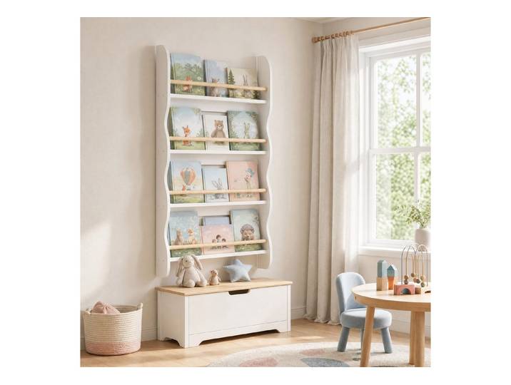 MODFU Bücherregal Kinderzimmer Regal mit 4 Ebenen, Wandregal Weiß 60x10x98 cm, Packung 1-tlg., Spielzeugregal mit Sicherheitsbefestigung für kleine Räume