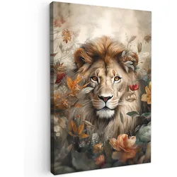 LEINWANDBILD Löwe - Wildtiere - Pflanzen - Natur - Blumen Deko Groß 90x140 cm
