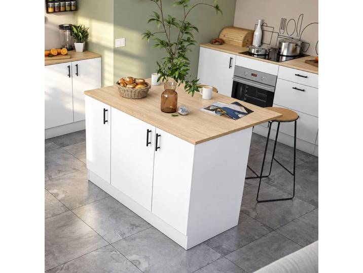 Îlot de Cuisine Siha Dmora en Bois Mélaminé Blanc Brillant 138x94x90h cm