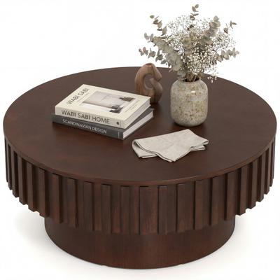Costway Round Coffee Table with Storage Modern Wooden Drum Coffee Table with Hidden Compartment-Walnut