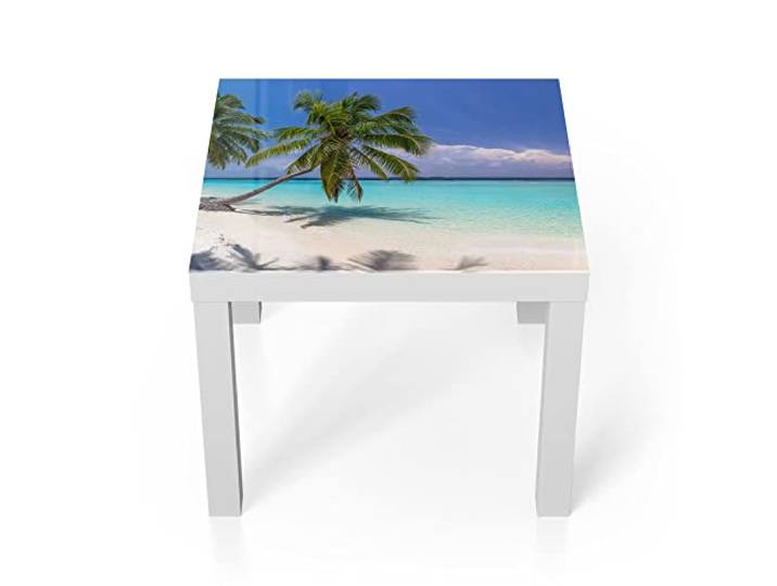DEQORI Glastisch weiß klein 55x55 cm Motiv Paradiesischer Strand ausgefallener Beistelltisch aus Glas Hochglanz Couchtisch fürs Wohnzimmer moderner Couch Tisch mit Design