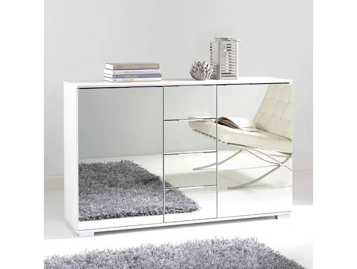 Commode combinée I 130 x 83 x 41cm Blanc/Verre de miroir/Blanc